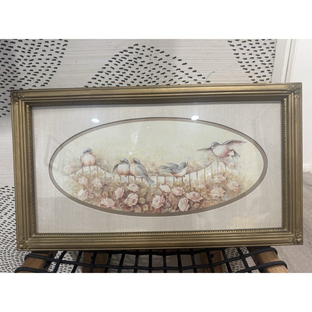 Birds And Roses Margie Morrow Print Robbins Framed Matted Under Glass 21" X 12"